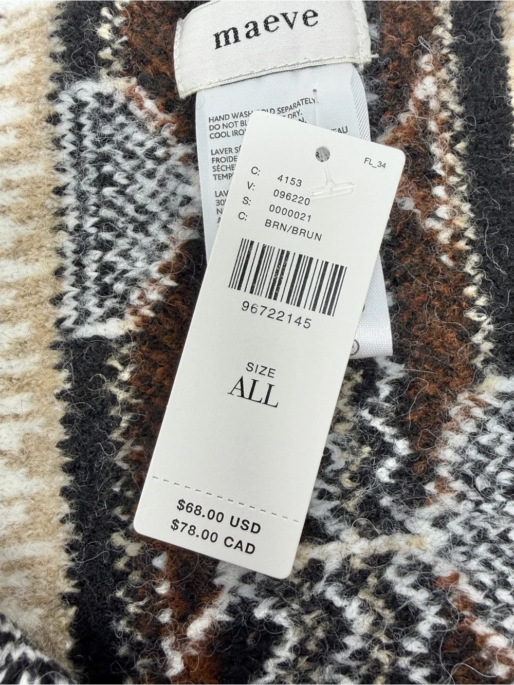 NWT Anthropologie Maeve Fairisle Holiday Libation Scarf Espresso Martini